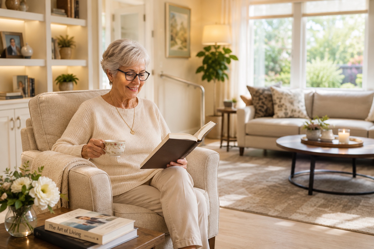 Comfortable senior-friendly living room with warm lighting