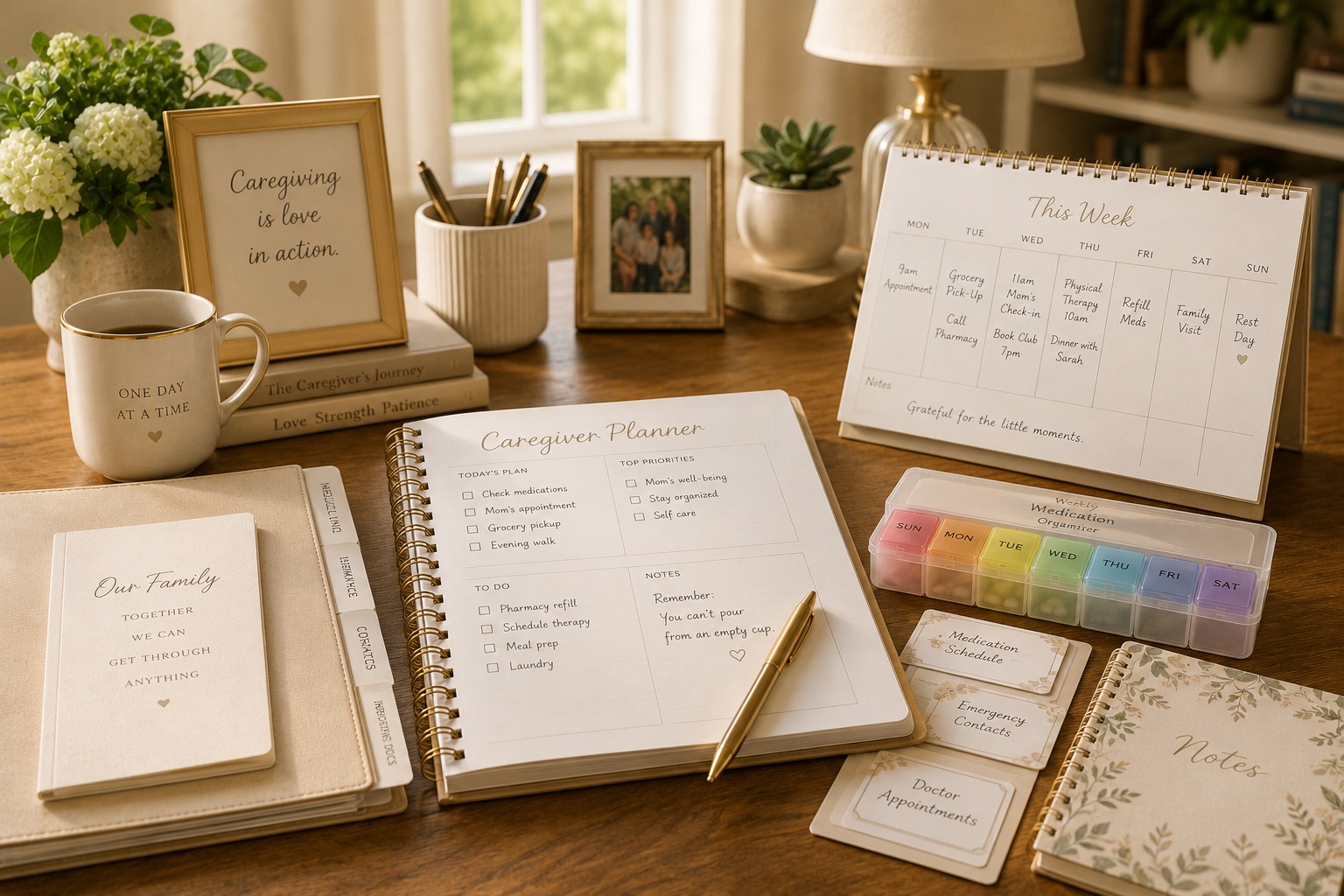 Caregiver planner, medication organizer, and notebook