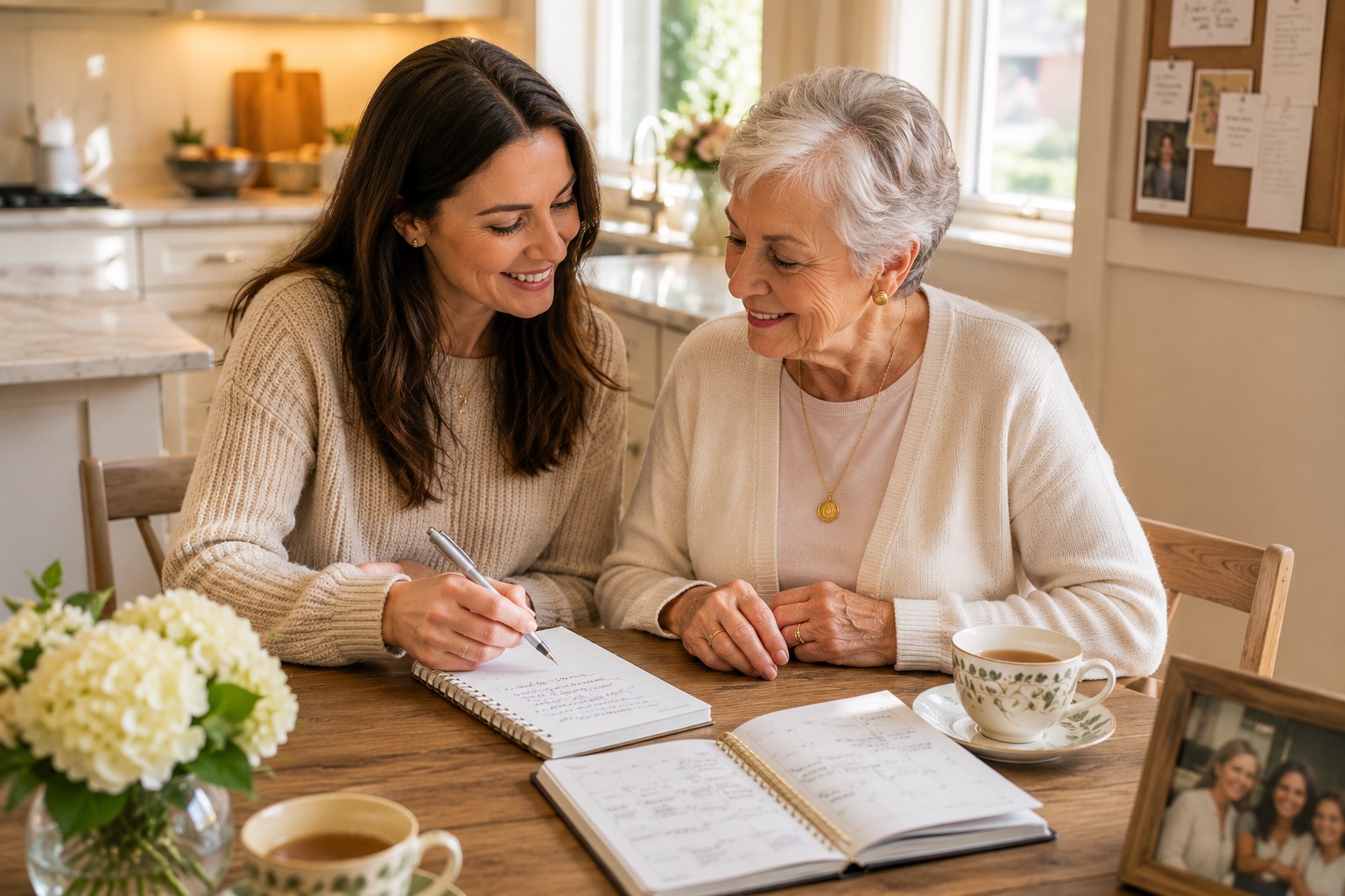 Caregiver and older adult reviewing notes together