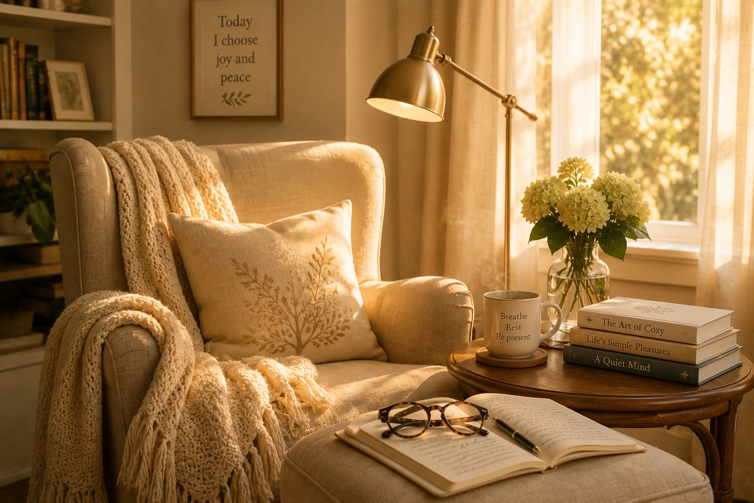 Cozy blanket, reading glasses, journal, and tea