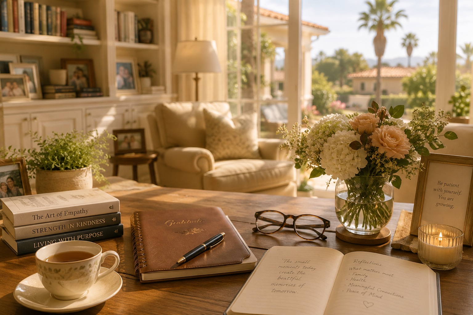 Warm senior-friendly desk with books, journals, reading glasses, and tea