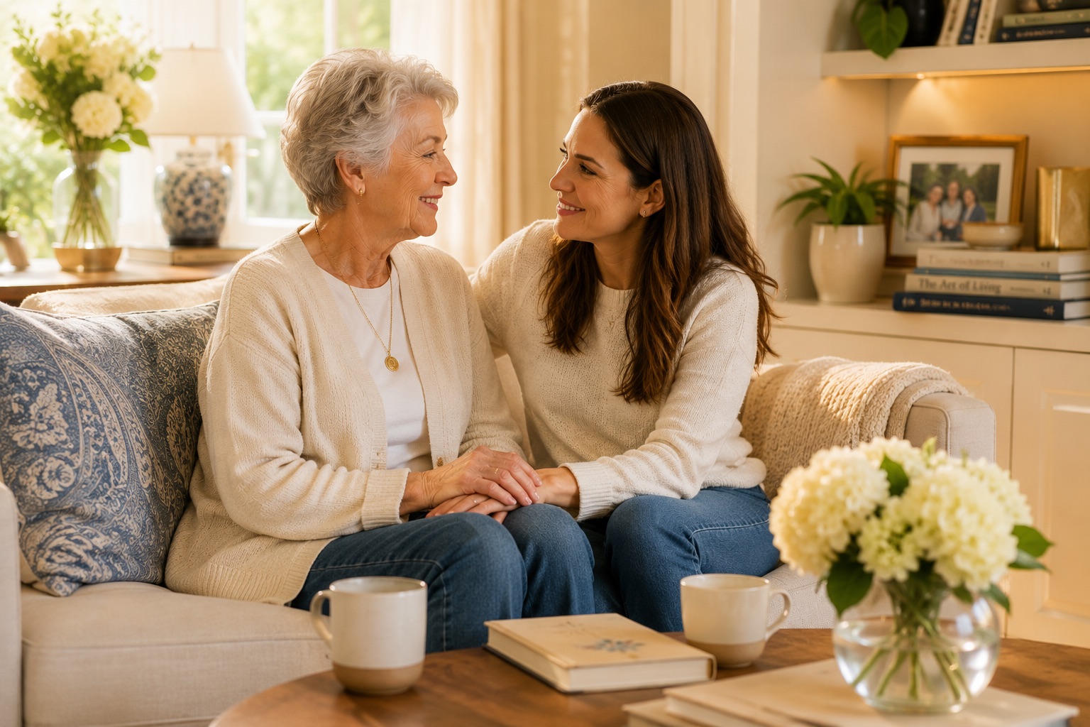 Senior and adult daughter sharing a warm conversation