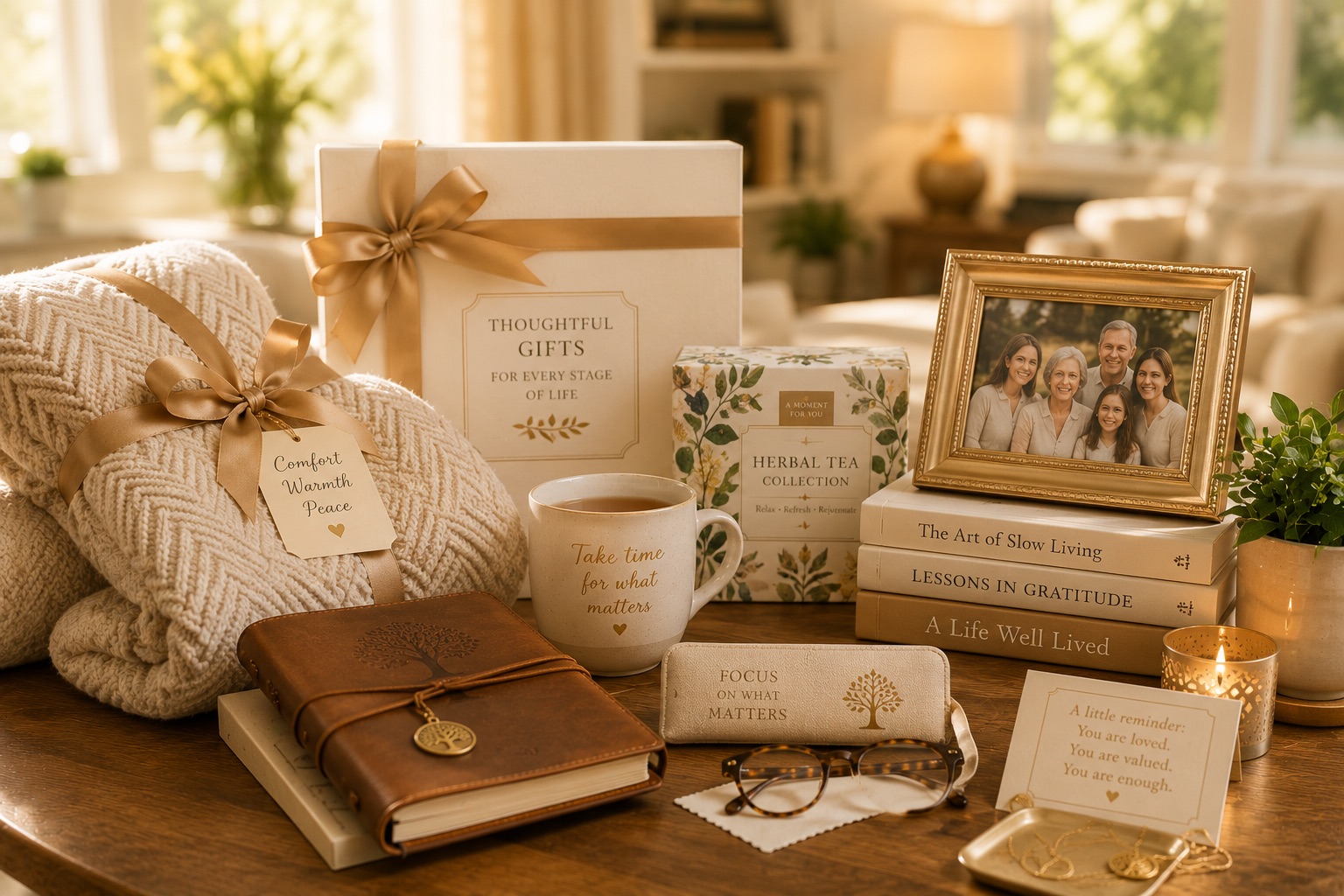 Thoughtful wrapped gifts and senior-friendly items on a table