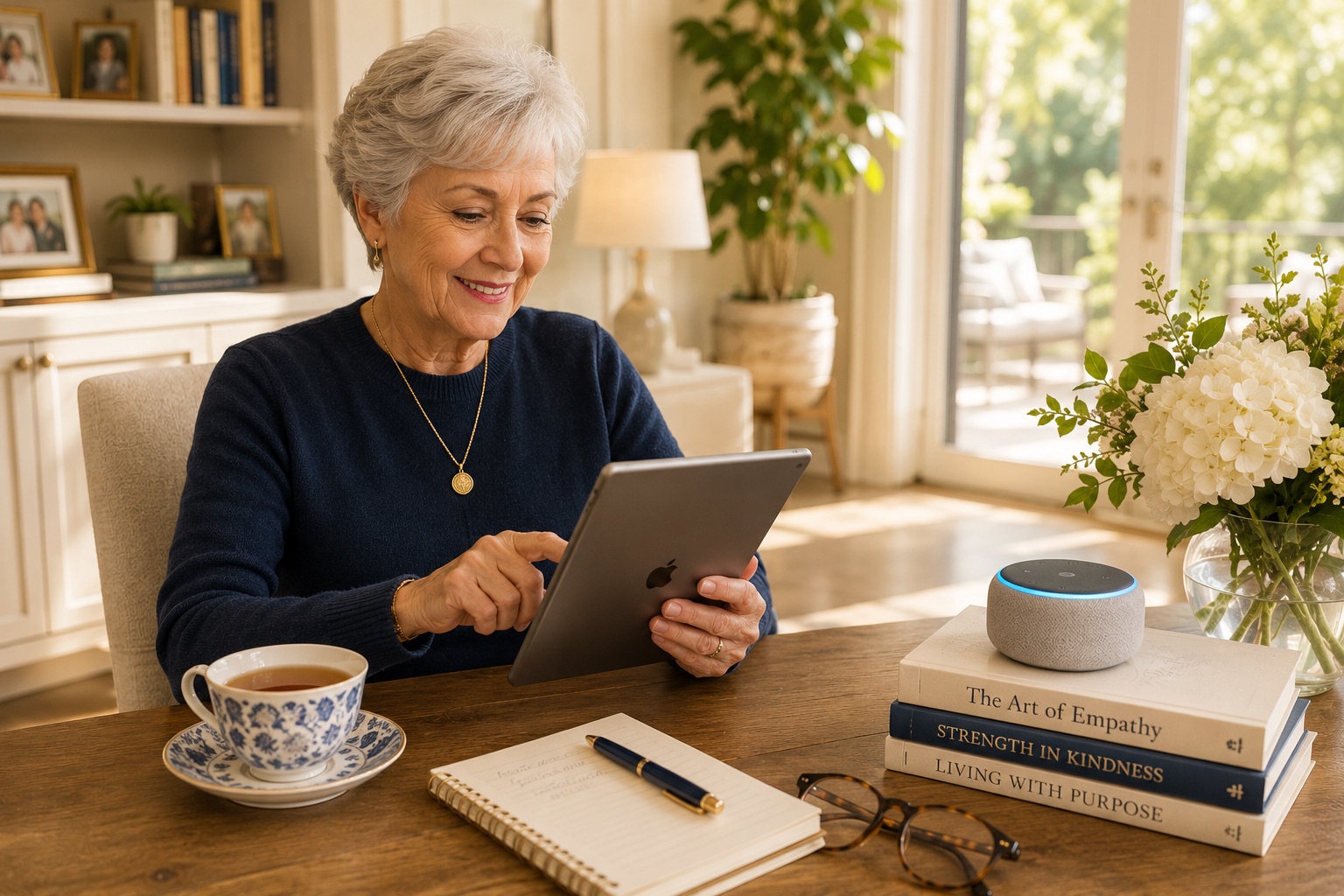 Senior using a tablet comfortably at home