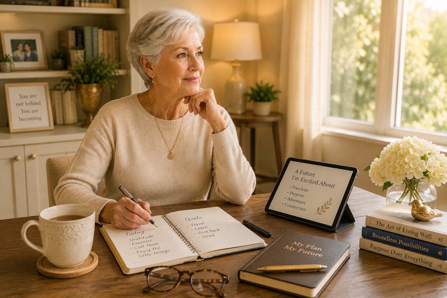 Older adult planning independently with notebook and tea