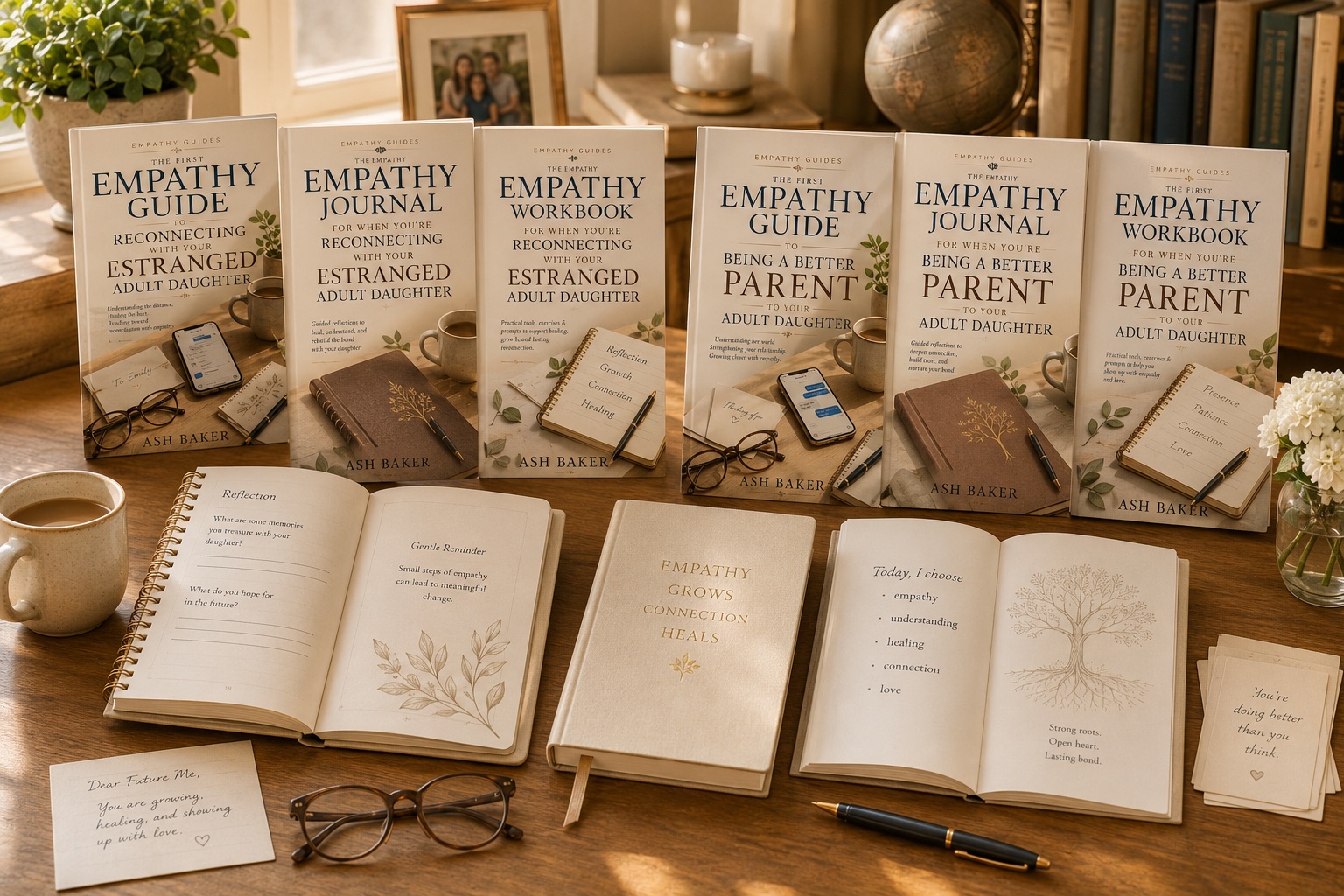 Workbooks and journals arranged neatly on a desk